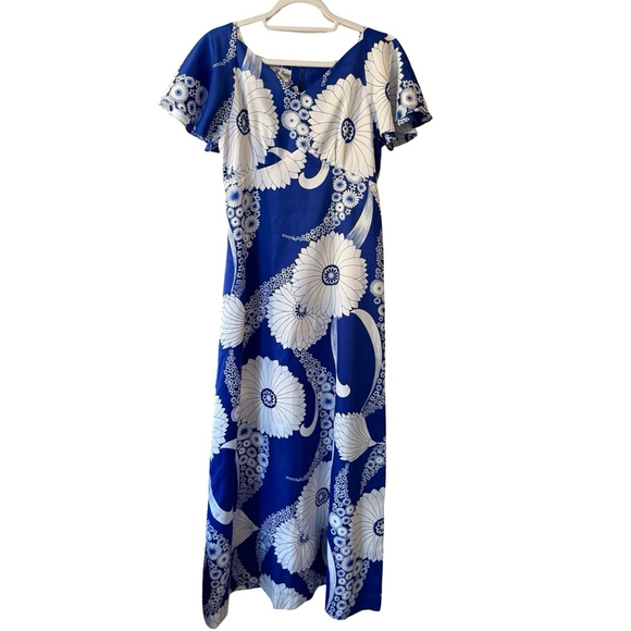 Maluna Vintage 70s Blue Floral Hawaiian Maxi Dress Size 12 Boho Festival - Picture 1 of 13